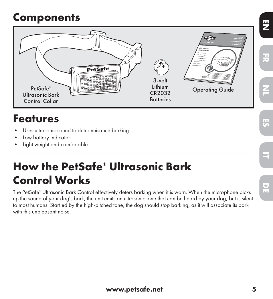 Components, Features, How the petsafe | Ultrasonic bark control works, De nl it fr es en | Petsafe Ultrasonic Bark Control Collar User Manual | Page 5 / 75