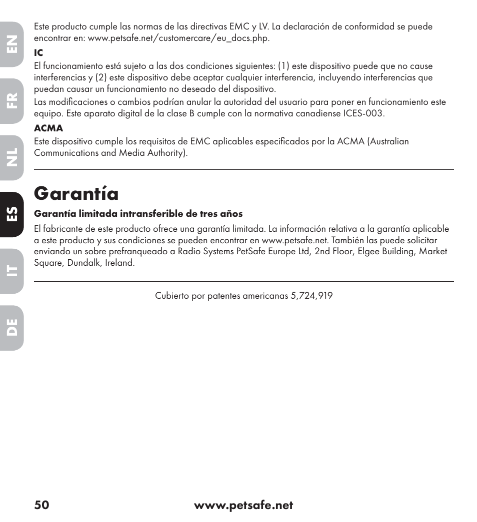 Garantía | Petsafe Ultrasonic Bark Control Collar User Manual | Page 50 / 75