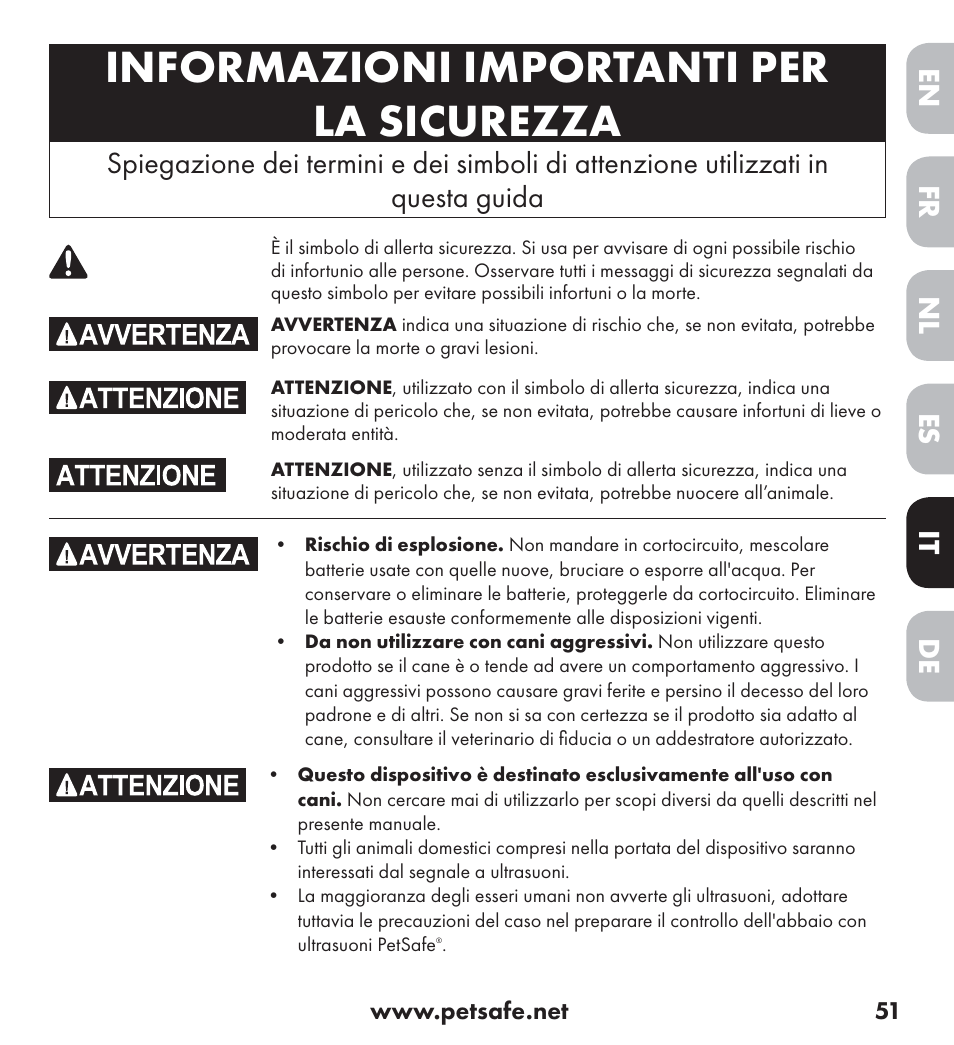 Informazioni importanti per la sicurezza, Italiano, De nl it fr es en | Petsafe Ultrasonic Bark Control Collar User Manual | Page 51 / 75