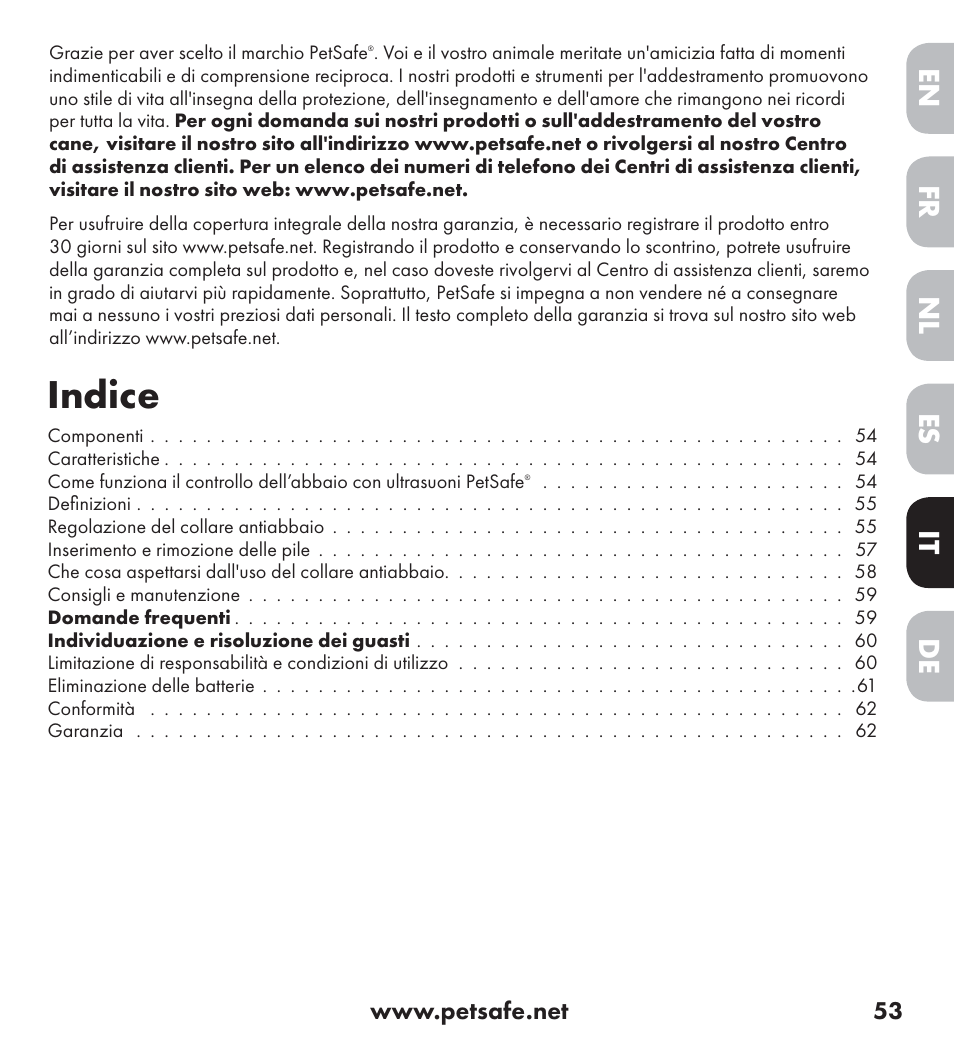 Indice, De nl it fr es en | Petsafe Ultrasonic Bark Control Collar User Manual | Page 53 / 75