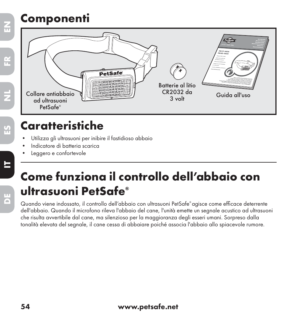 Componenti, Caratteristiche, En es fr it nl de | Petsafe Ultrasonic Bark Control Collar User Manual | Page 54 / 75