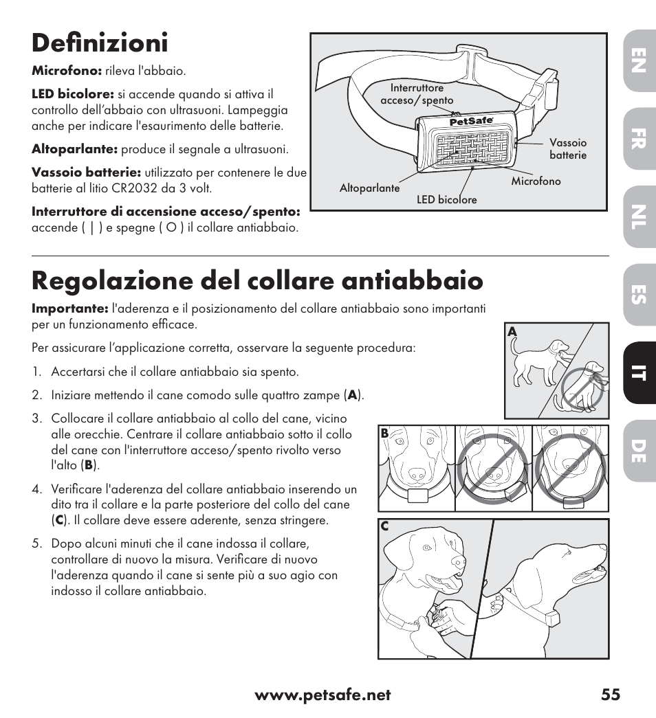 Deﬁ nizioni, Regolazione del collare antiabbaio, De nl it fr es en | Petsafe Ultrasonic Bark Control Collar User Manual | Page 55 / 75