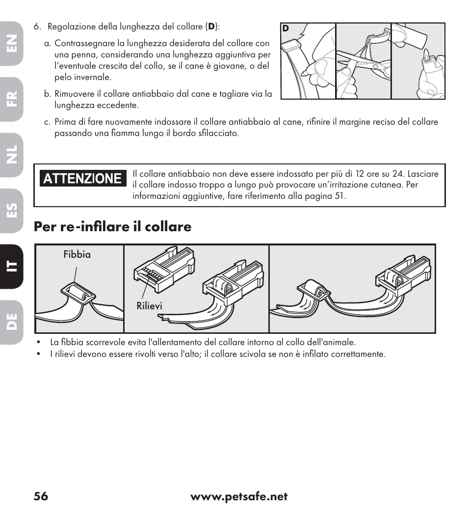 En es fr it nl de, Per re-inﬁ lare il collare | Petsafe Ultrasonic Bark Control Collar User Manual | Page 56 / 75
