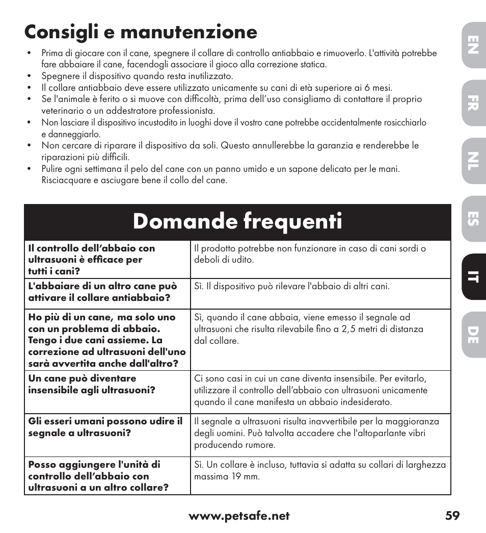 Domande frequenti, Consigli e manutenzione, De nl it fr es en | Petsafe Ultrasonic Bark Control Collar User Manual | Page 59 / 75