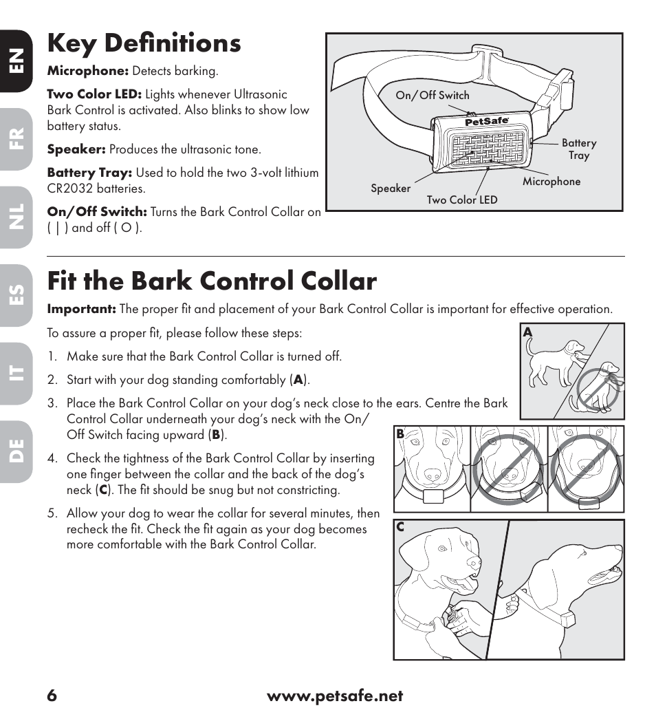 Key deﬁ nitions, Fit the bark control collar, En es fr it nl de | Petsafe Ultrasonic Bark Control Collar User Manual | Page 6 / 75