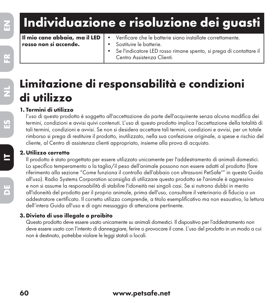 Individuazione e risoluzione dei guasti, En es fr it nl de | Petsafe Ultrasonic Bark Control Collar User Manual | Page 60 / 75