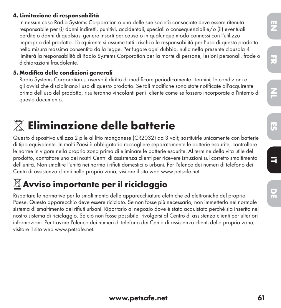 Eliminazione delle batterie, De nl it fr es en, Avviso importante per il riciclaggio | Petsafe Ultrasonic Bark Control Collar User Manual | Page 61 / 75