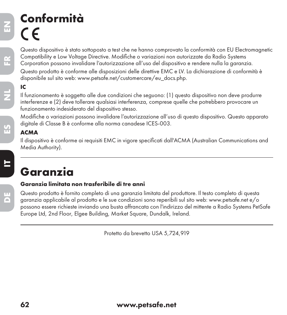 Conformità, Garanzia | Petsafe Ultrasonic Bark Control Collar User Manual | Page 62 / 75