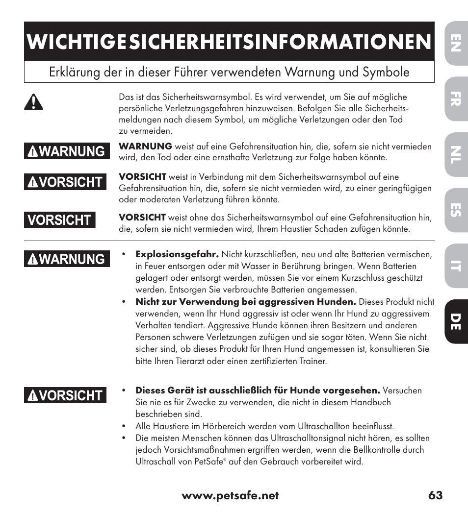 Wichtige sicherheitsinformationen, Deutsch, De nl it fr es en | Petsafe Ultrasonic Bark Control Collar User Manual | Page 63 / 75