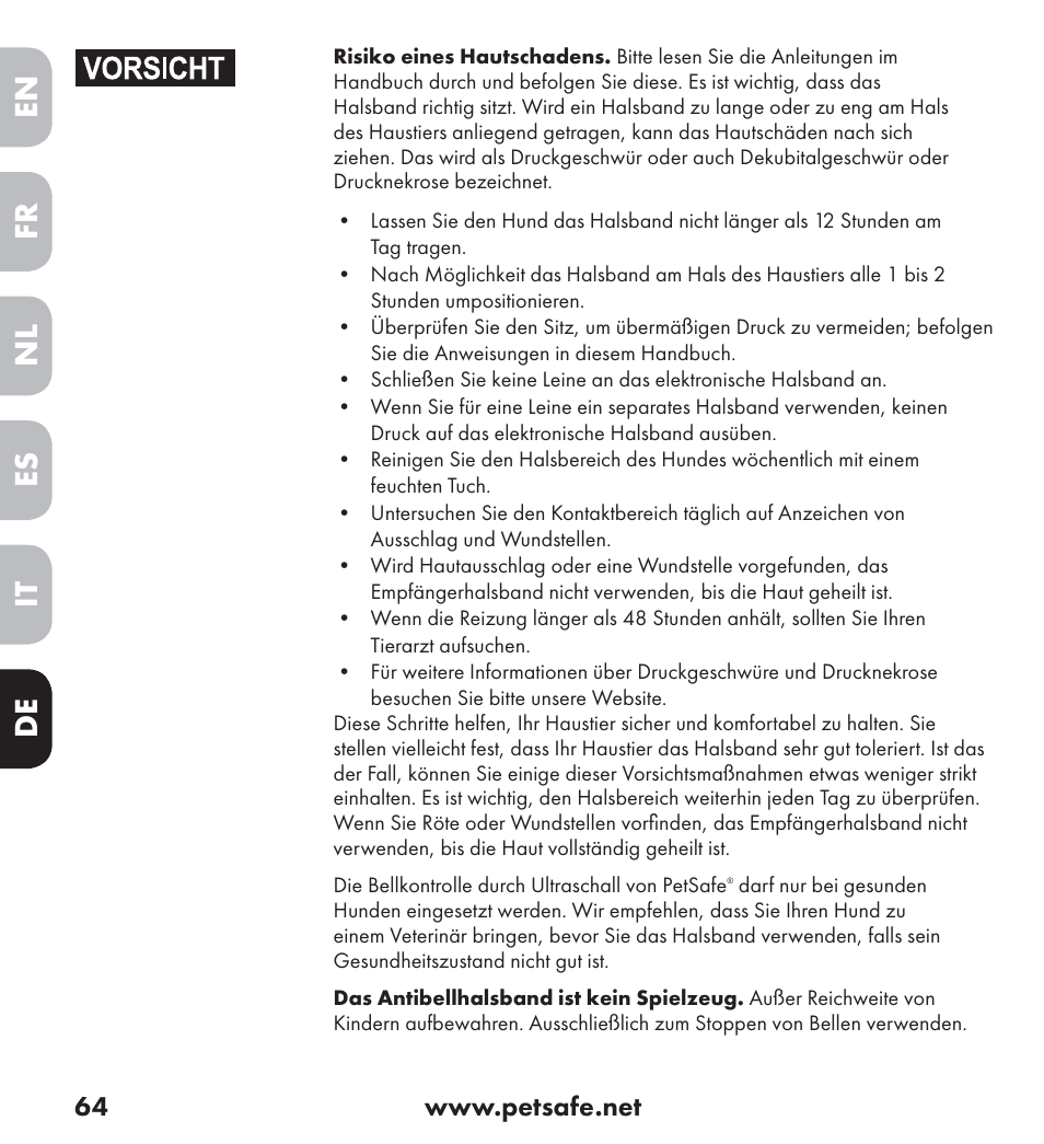 En es fr it nl de | Petsafe Ultrasonic Bark Control Collar User Manual | Page 64 / 75