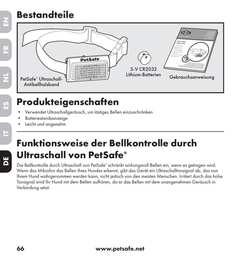 Bestandteile, Produkteigenschaften, En es fr it nl de | Petsafe Ultrasonic Bark Control Collar User Manual | Page 66 / 75