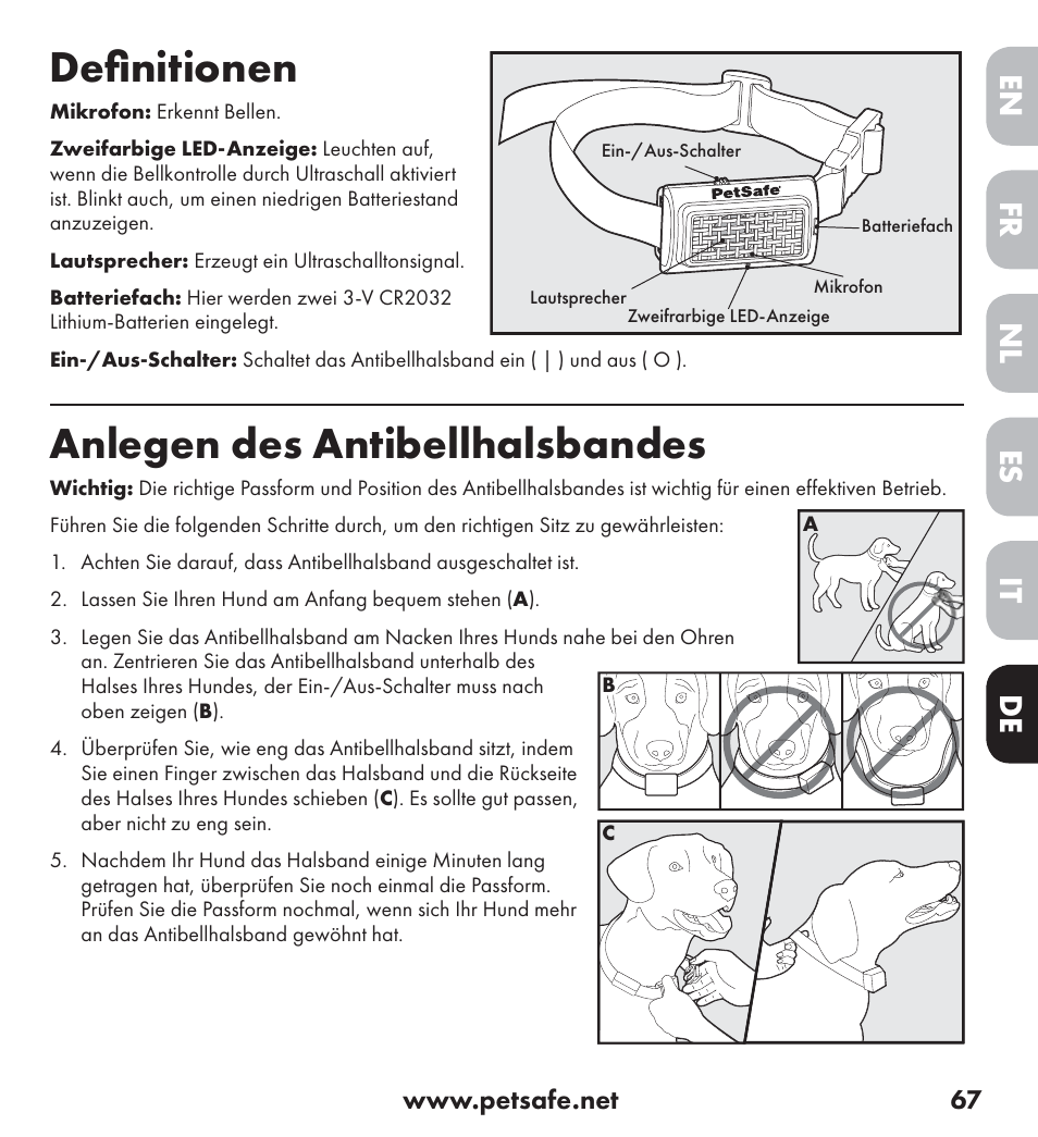 Deﬁ nitionen, Anlegen des antibellhalsbandes, De nl it fr es en | Petsafe Ultrasonic Bark Control Collar User Manual | Page 67 / 75