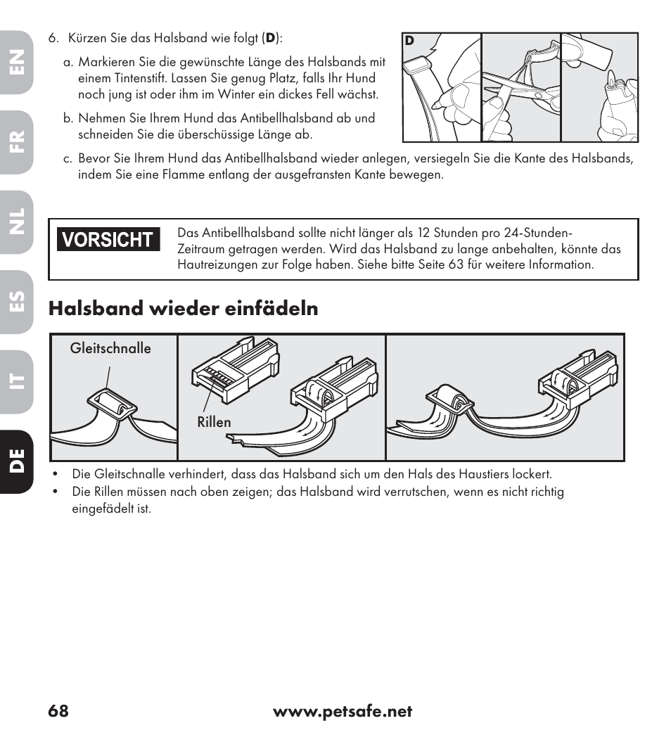 En es fr it nl de, Halsband wieder einfädeln | Petsafe Ultrasonic Bark Control Collar User Manual | Page 68 / 75