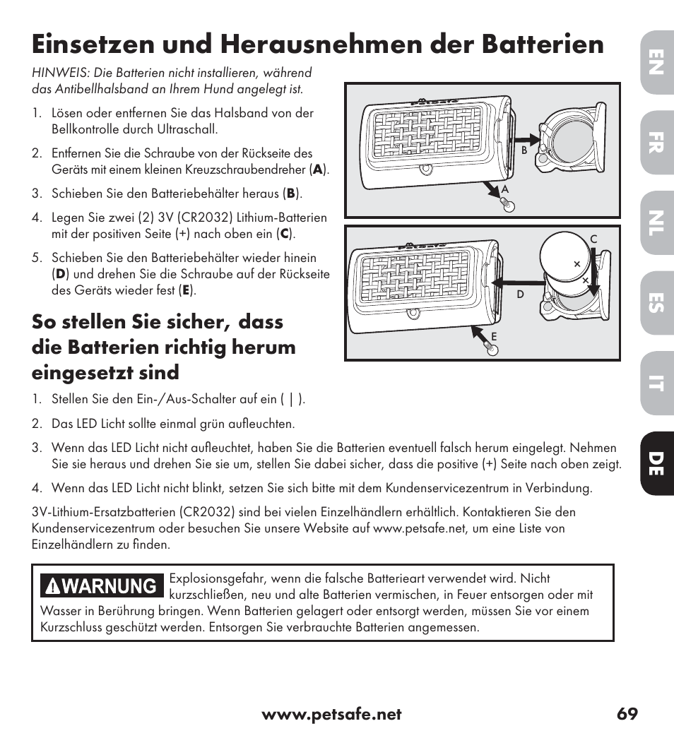 Einsetzen und herausnehmen der batterien, De nl it fr es en | Petsafe Ultrasonic Bark Control Collar User Manual | Page 69 / 75