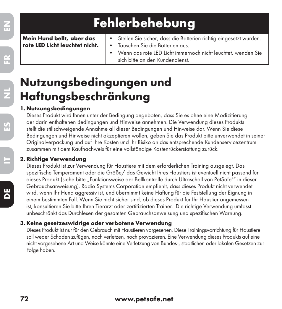 Fehlerbehebung, Nutzungsbedingungen und haftungsbeschränkung, En es fr it nl de | Petsafe Ultrasonic Bark Control Collar User Manual | Page 72 / 75