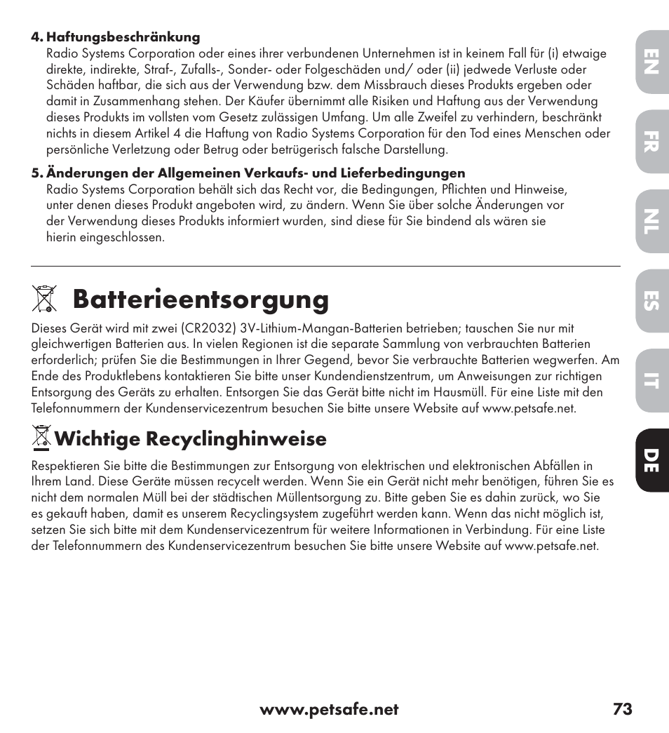 Batterieentsorgung, De nl it fr es en, Wichtige recyclinghinweise | Petsafe Ultrasonic Bark Control Collar User Manual | Page 73 / 75