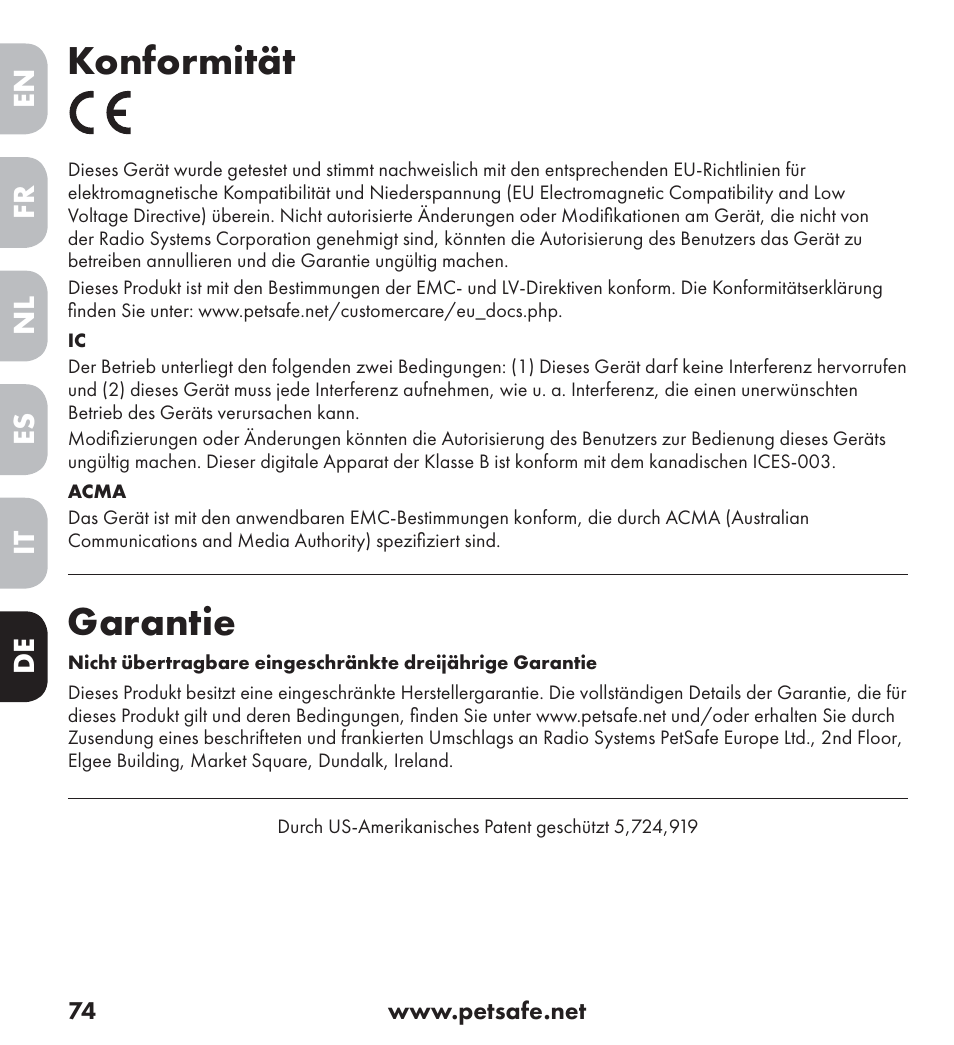 Konformität, Garantie | Petsafe Ultrasonic Bark Control Collar User Manual | Page 74 / 75