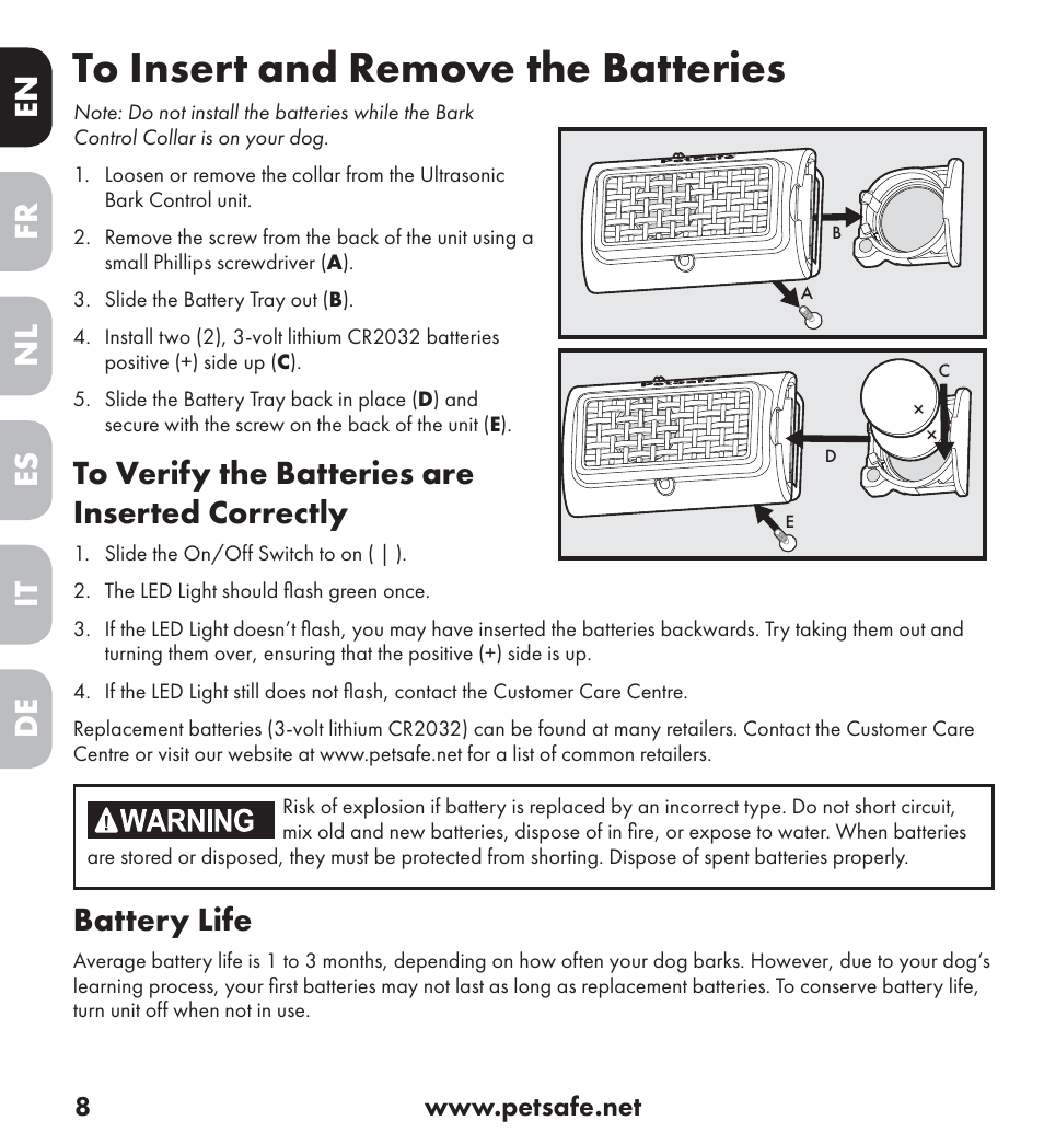 En es fr it nl de, Battery life | Petsafe Ultrasonic Bark Control Collar User Manual | Page 8 / 75
