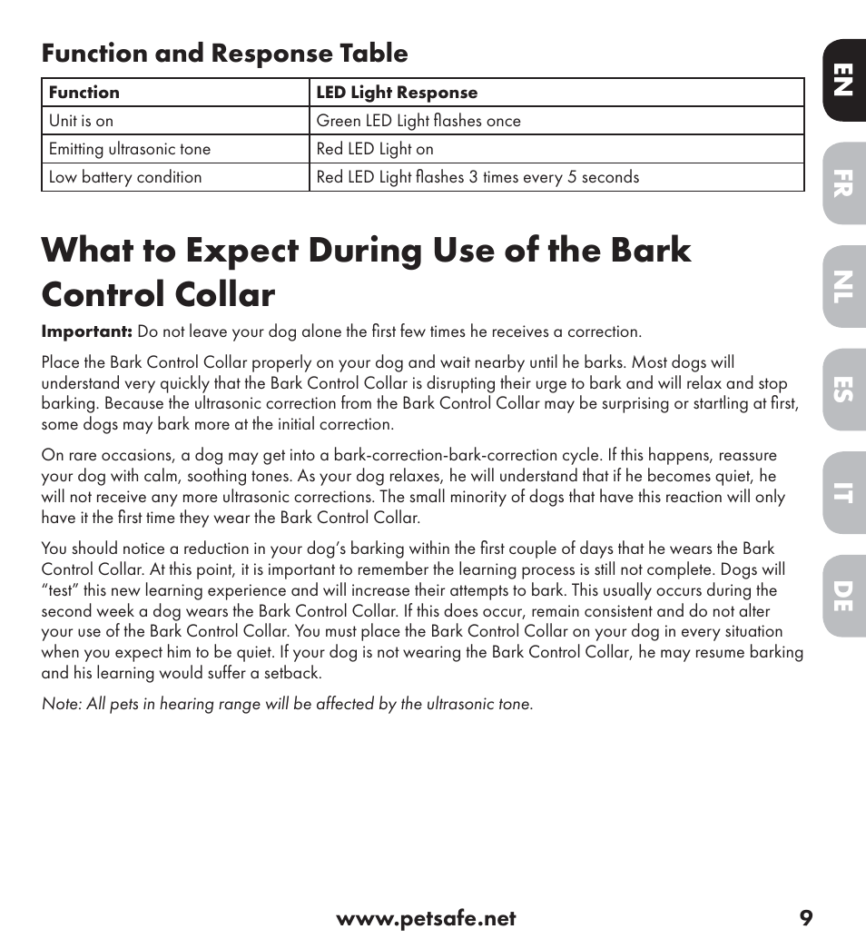 De nl it fr es en function and response table | Petsafe Ultrasonic Bark Control Collar User Manual | Page 9 / 75