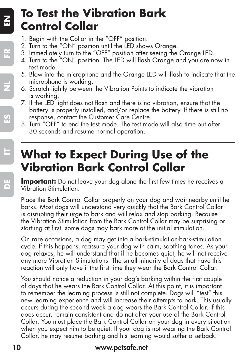 Fr es nl it de en | Petsafe Vibration Bark Control Collar User Manual | Page 10 / 90