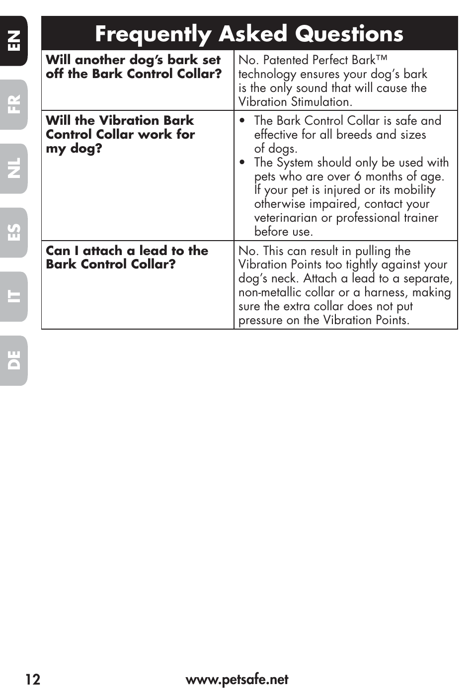 Frequently asked questions, Fr es nl it de en | Petsafe Vibration Bark Control Collar User Manual | Page 12 / 90