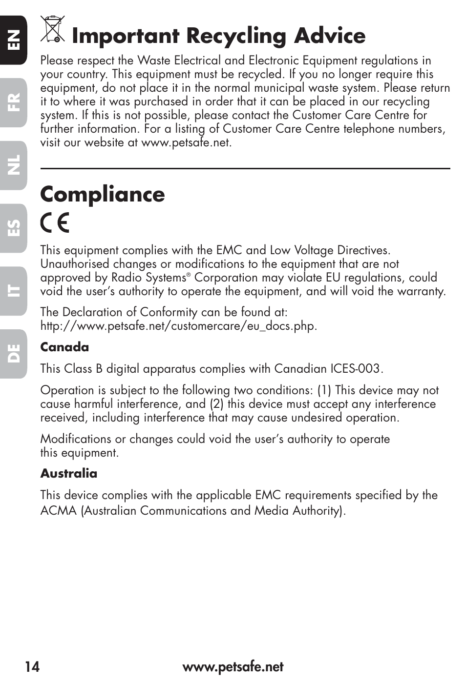 Important recycling advice, Compliance, Fr es nl it de en | Petsafe Vibration Bark Control Collar User Manual | Page 14 / 90