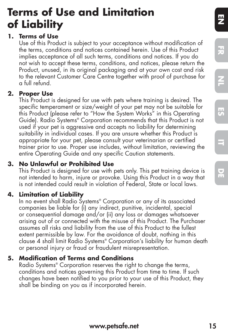 Terms of use and limitation of liability, Fr es nl it de en | Petsafe Vibration Bark Control Collar User Manual | Page 15 / 90