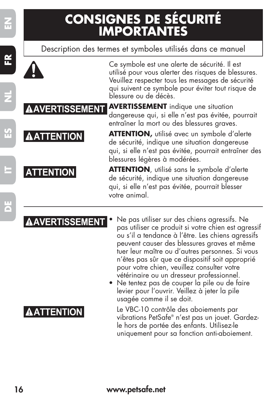 Consignes de sécurité importantes, Fr es nl it de en | Petsafe Vibration Bark Control Collar User Manual | Page 16 / 90