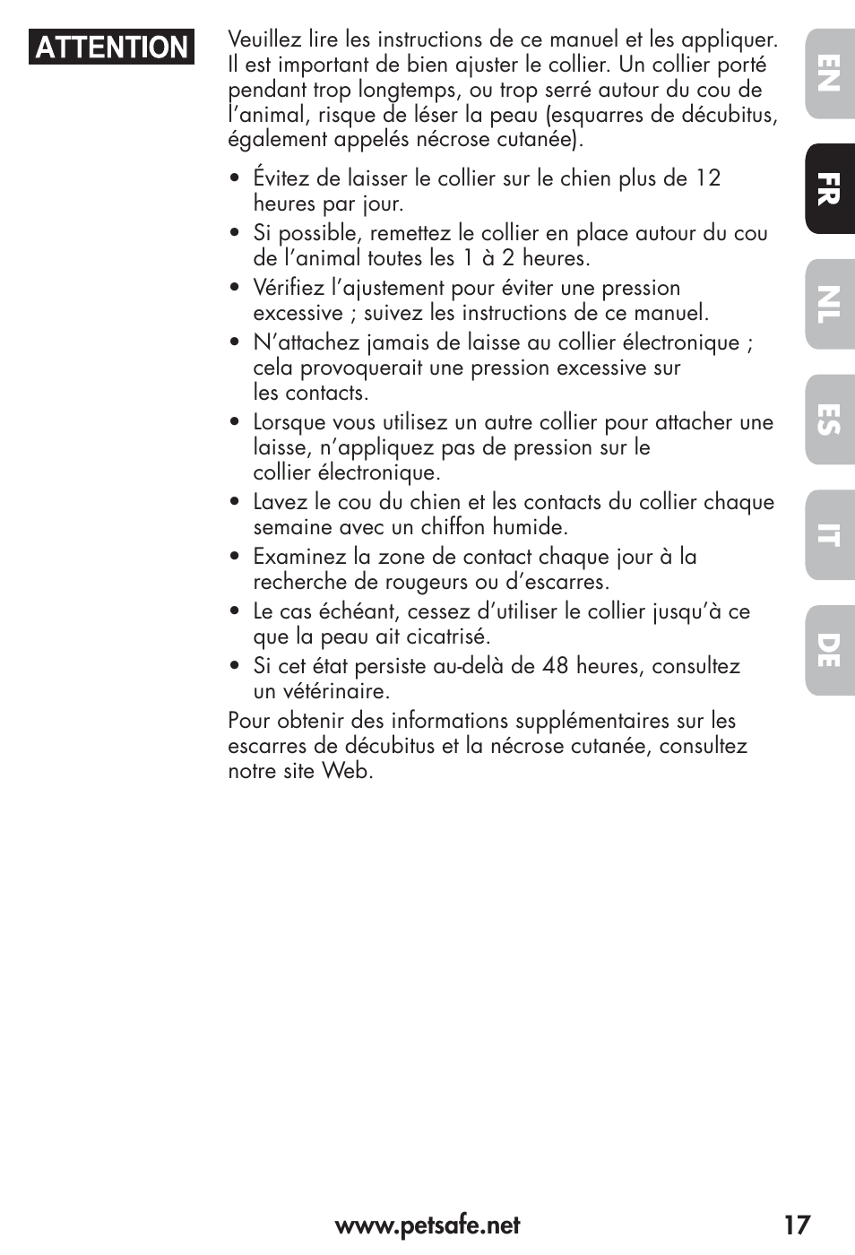 Fr es nl it de en | Petsafe Vibration Bark Control Collar User Manual | Page 17 / 90