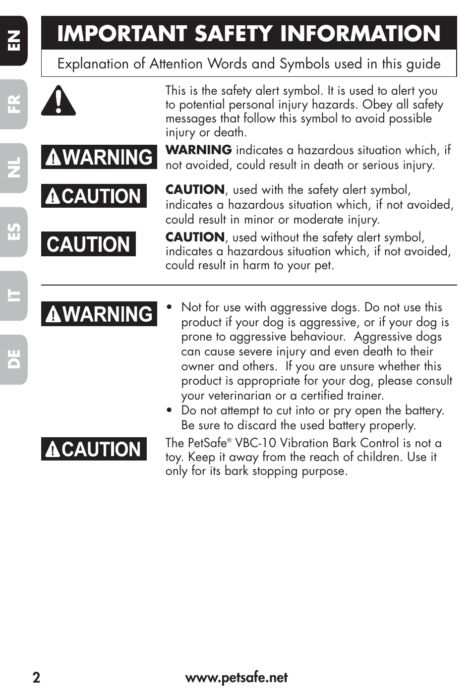 Important safety information, Fr es nl it de en | Petsafe Vibration Bark Control Collar User Manual | Page 2 / 90