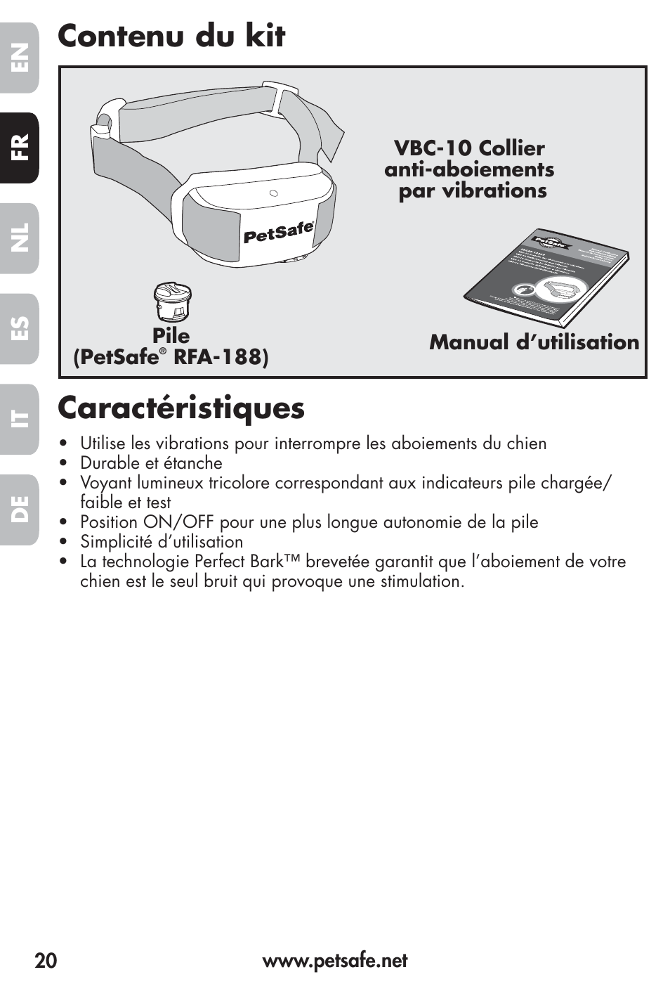 Contenu du kit caractéristiques, Fr es nl it de en | Petsafe Vibration Bark Control Collar User Manual | Page 20 / 90