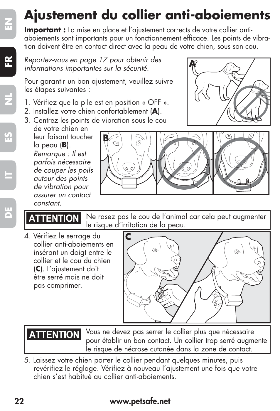 Ajustement du collier anti-aboiements, Fr es nl it de en | Petsafe Vibration Bark Control Collar User Manual | Page 22 / 90