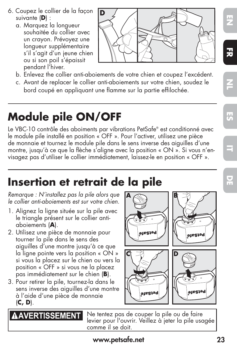 Module pile on/off, Insertion et retrait de la pile, Fr es nl it de en | Petsafe Vibration Bark Control Collar User Manual | Page 23 / 90