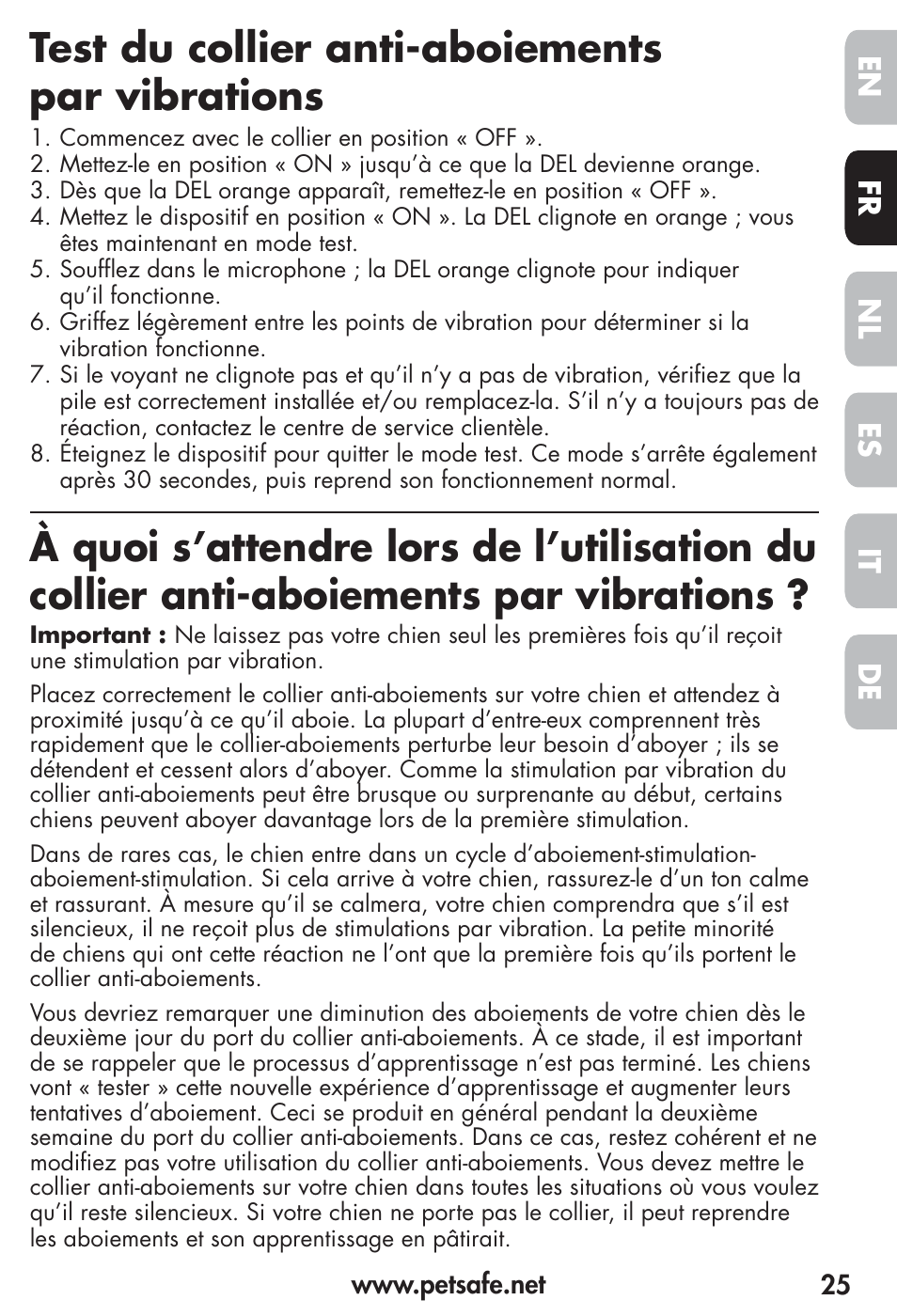 Test du collier anti-aboiements par vibrations, Fr es nl it de en | Petsafe Vibration Bark Control Collar User Manual | Page 25 / 90