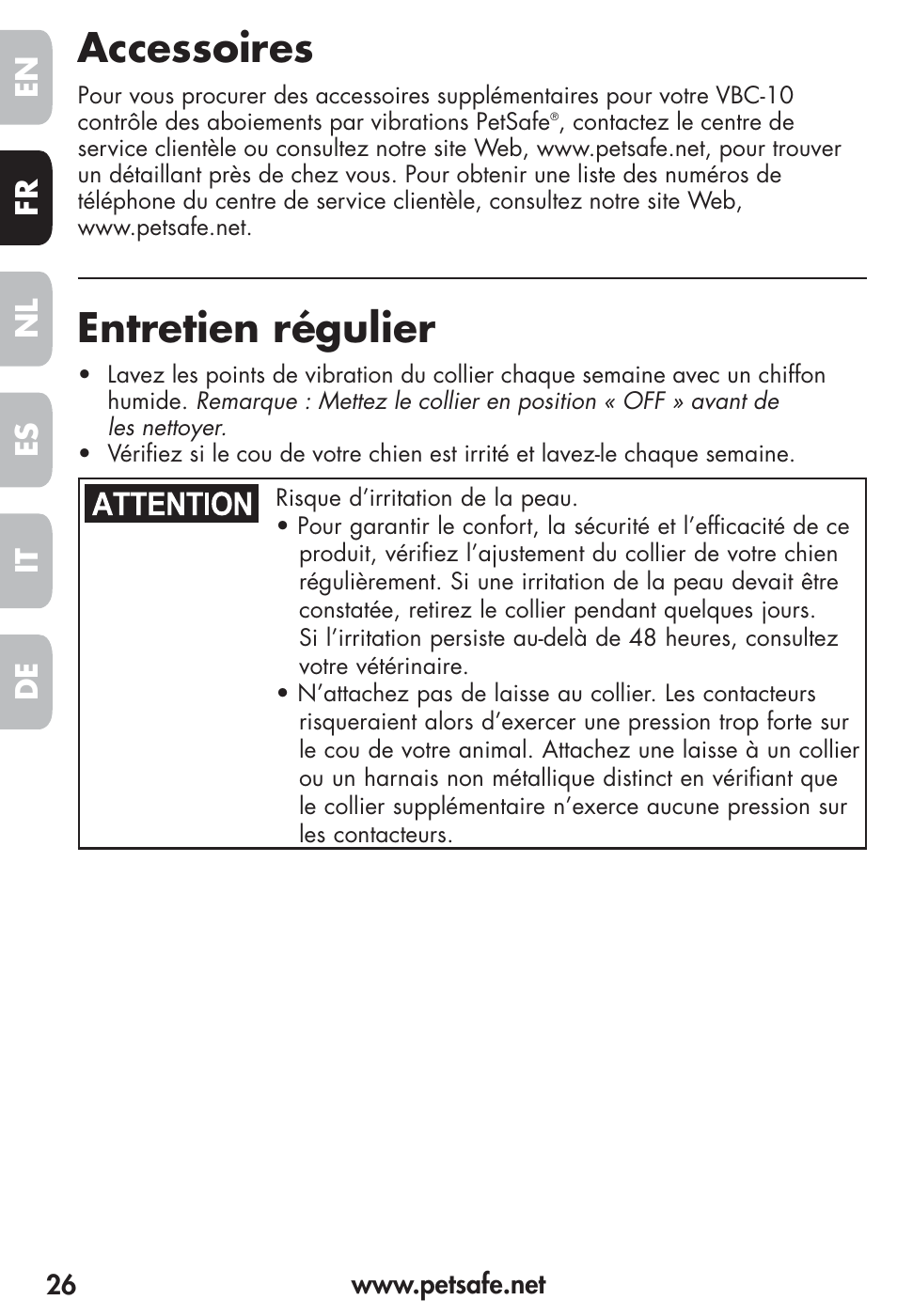 Accessoires, Entretien régulier, Fr es nl it de en | Petsafe Vibration Bark Control Collar User Manual | Page 26 / 90