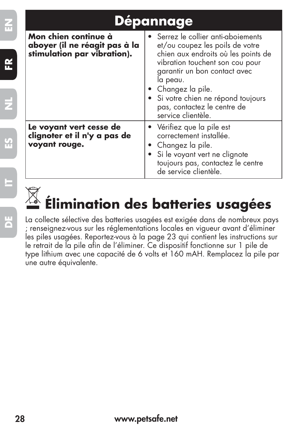Dépannage, Élimination des batteries usagées, Fr es nl it de en | Petsafe Vibration Bark Control Collar User Manual | Page 28 / 90