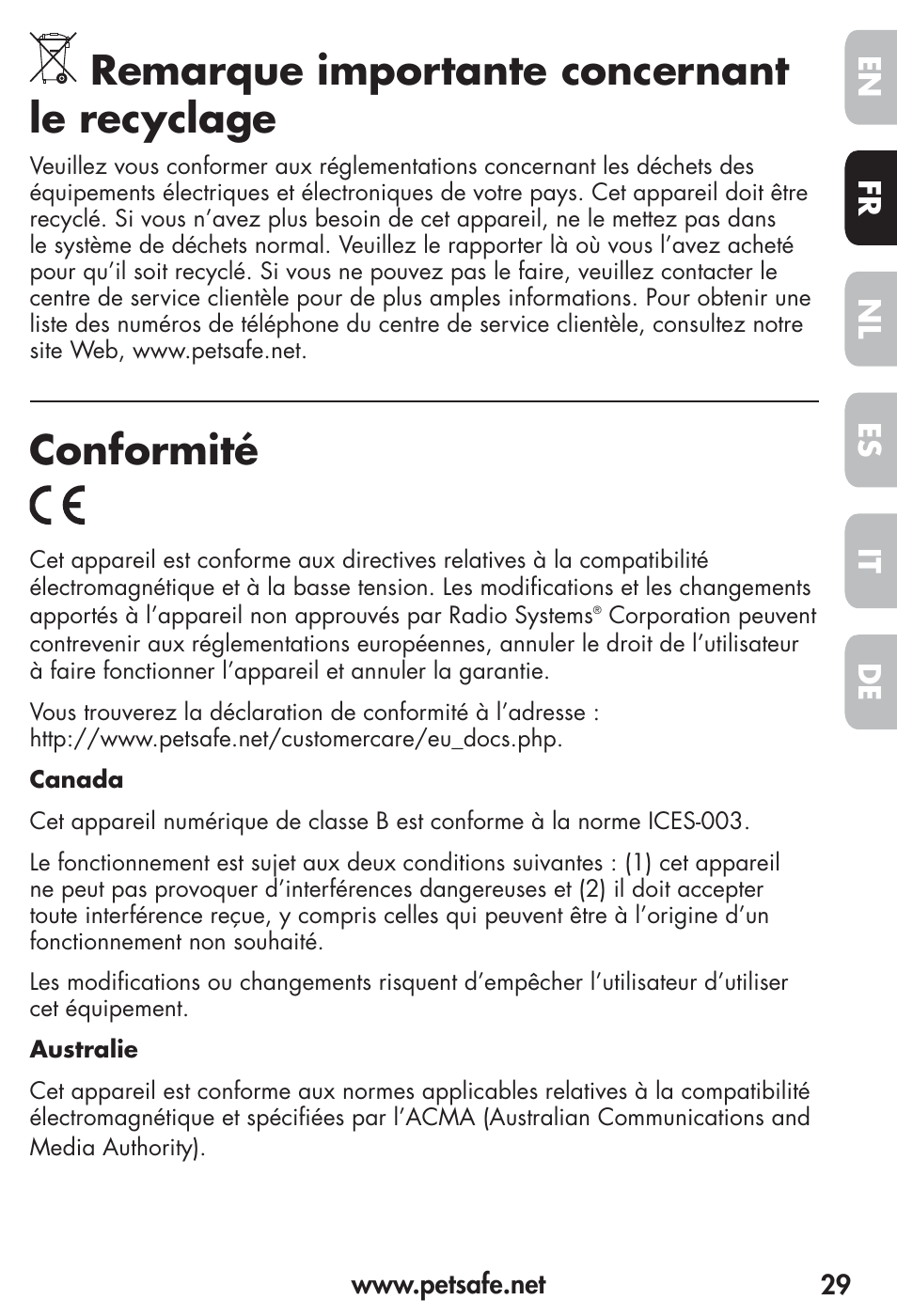Remarque importante concernant le recyclage, Conformité, Fr es nl it de en | Petsafe Vibration Bark Control Collar User Manual | Page 29 / 90