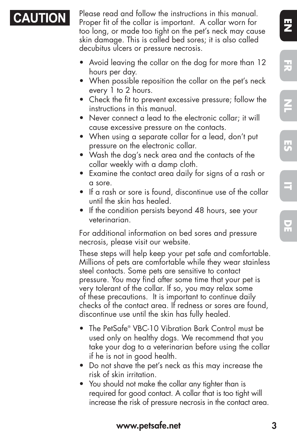Fr es nl it de en | Petsafe Vibration Bark Control Collar User Manual | Page 3 / 90