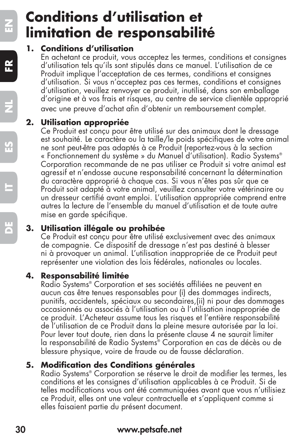 Fr es nl it de en | Petsafe Vibration Bark Control Collar User Manual | Page 30 / 90