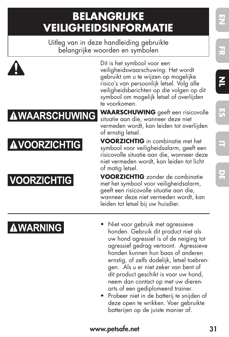 Belangrijke veiligheidsinformatie, Fr es nl it de en | Petsafe Vibration Bark Control Collar User Manual | Page 31 / 90
