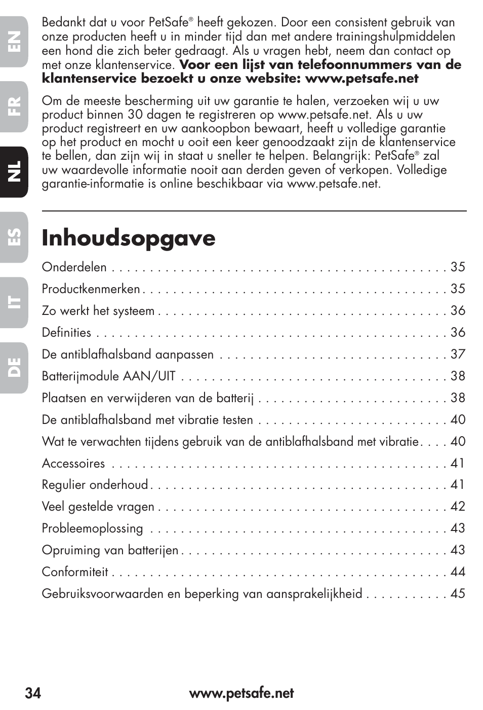 Inhoudsopgave, Fr es nl it de en | Petsafe Vibration Bark Control Collar User Manual | Page 34 / 90