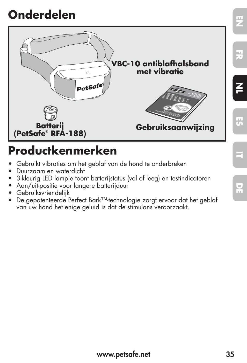 Onderdelen productkenmerken, Fr es nl it de en | Petsafe Vibration Bark Control Collar User Manual | Page 35 / 90