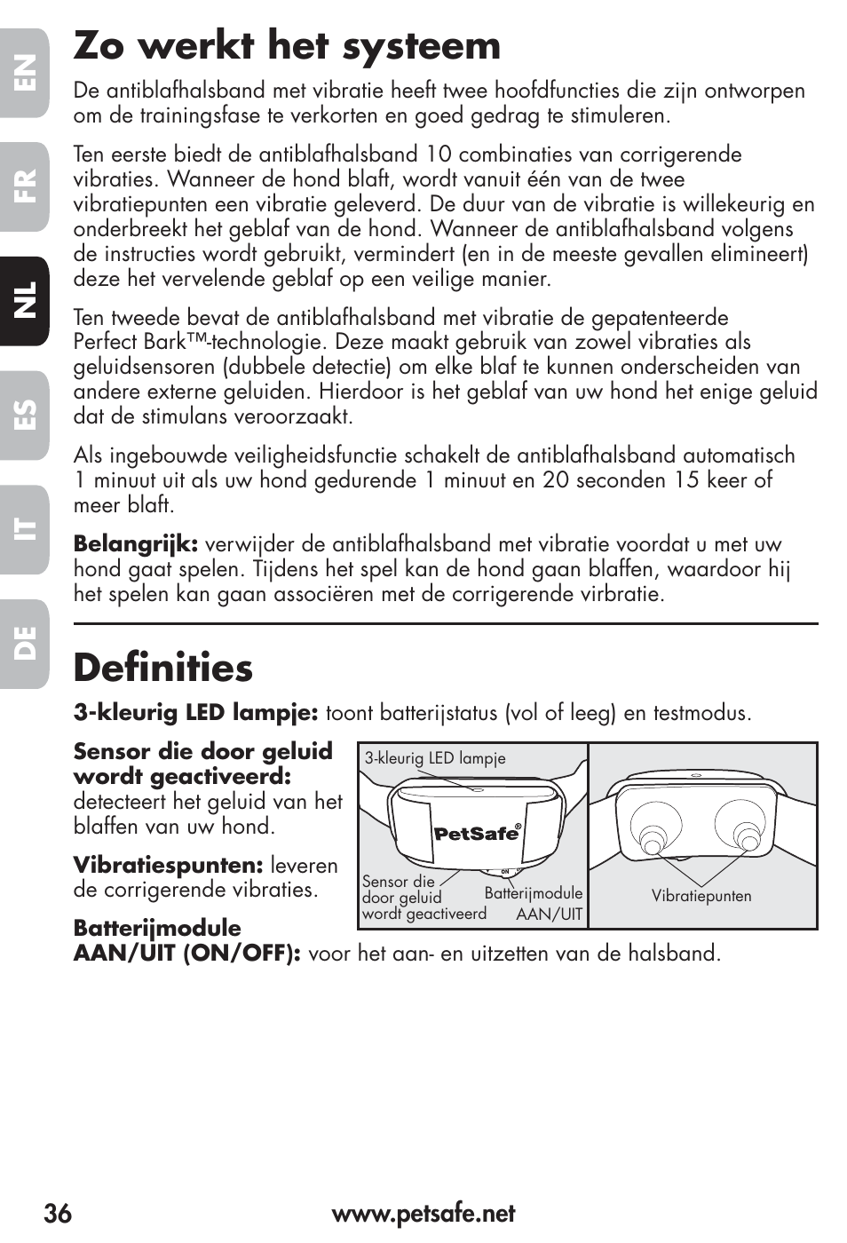 Zo werkt het systeem, Definities, Fr es nl it de en | Petsafe Vibration Bark Control Collar User Manual | Page 36 / 90