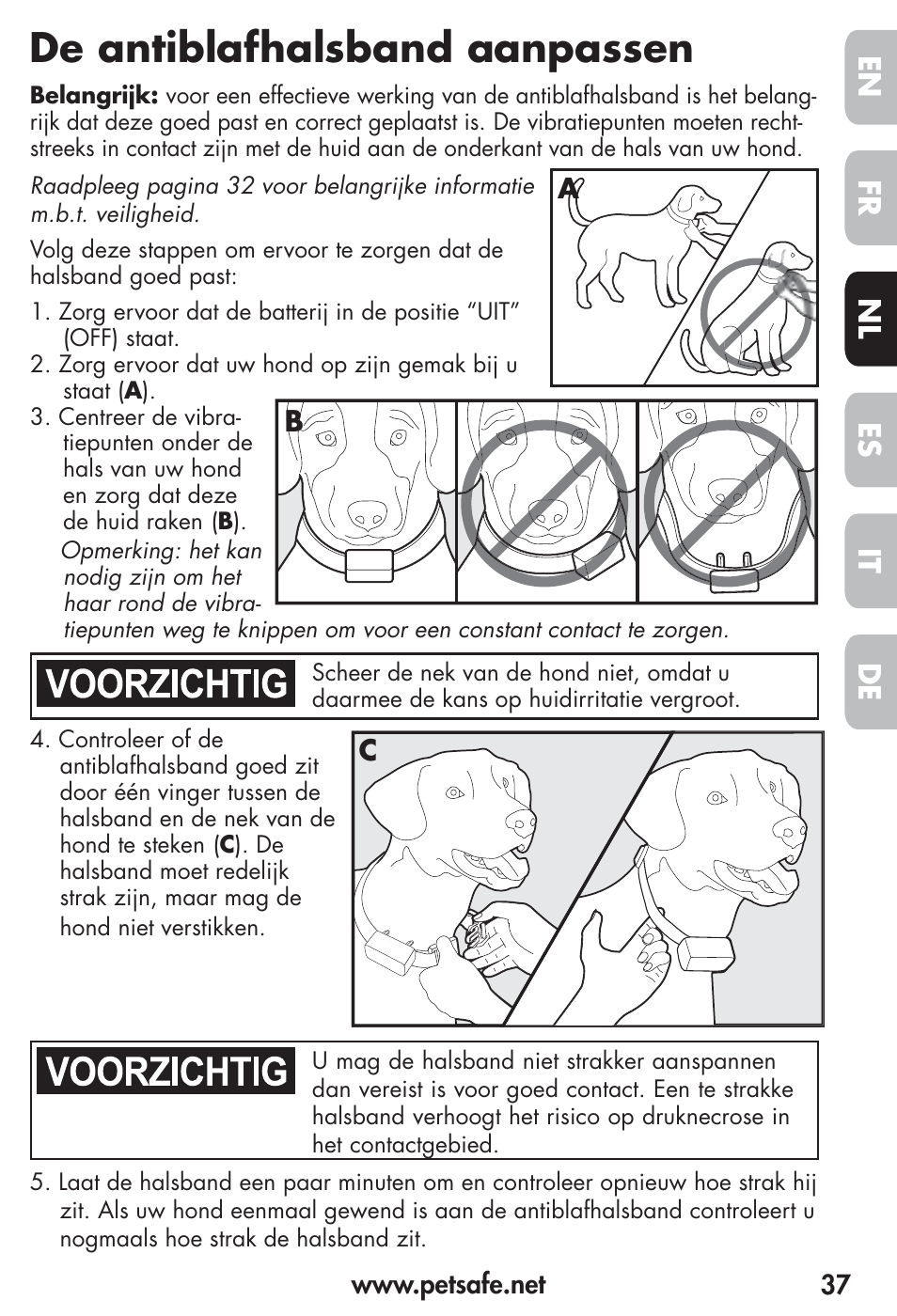 De antiblafhalsband aanpassen, Fr es nl it de en | Petsafe Vibration Bark Control Collar User Manual | Page 37 / 90
