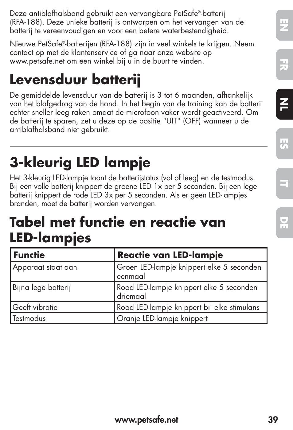 Levensduur batterij, Kleurig led lampje, Tabel met functie en reactie van led-lampjes | Fr es nl it de en | Petsafe Vibration Bark Control Collar User Manual | Page 39 / 90