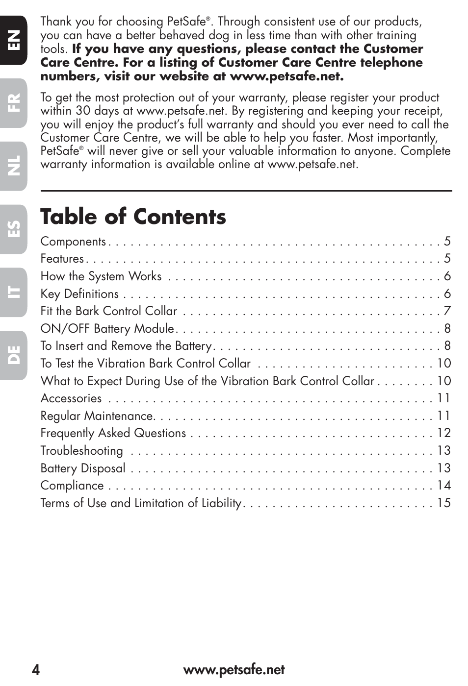 Petsafe Vibration Bark Control Collar User Manual | Page 4 / 90