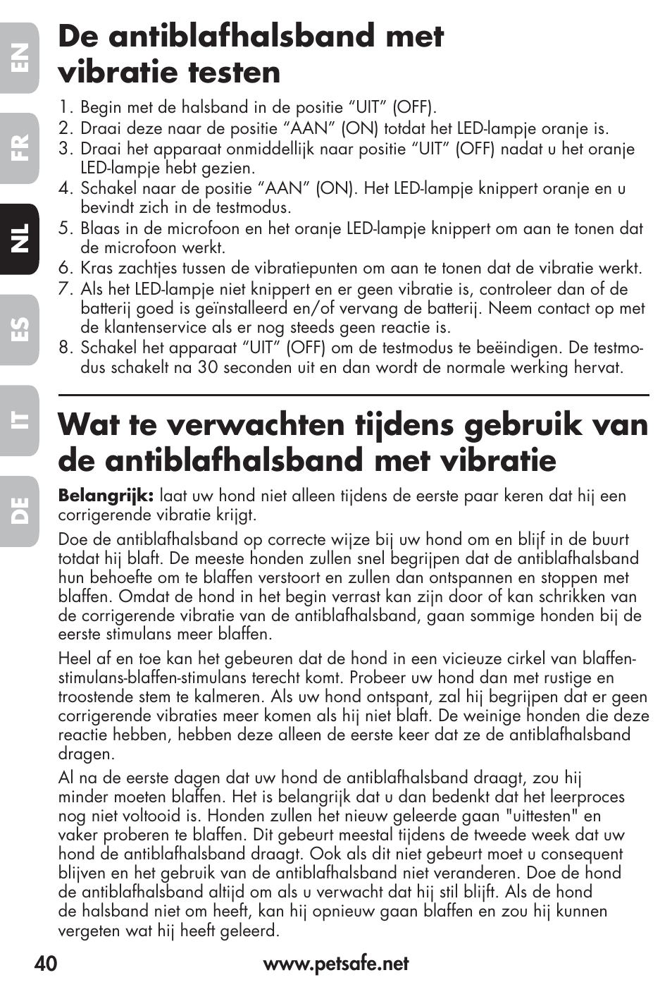 De antiblafhalsband met vibratie testen, Fr es nl it de en | Petsafe Vibration Bark Control Collar User Manual | Page 40 / 90