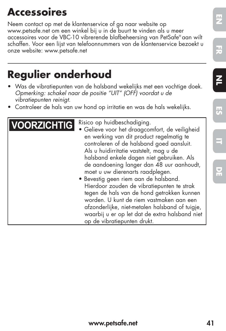 Accessoires, Regulier onderhoud, Fr es nl it de en | Petsafe Vibration Bark Control Collar User Manual | Page 41 / 90