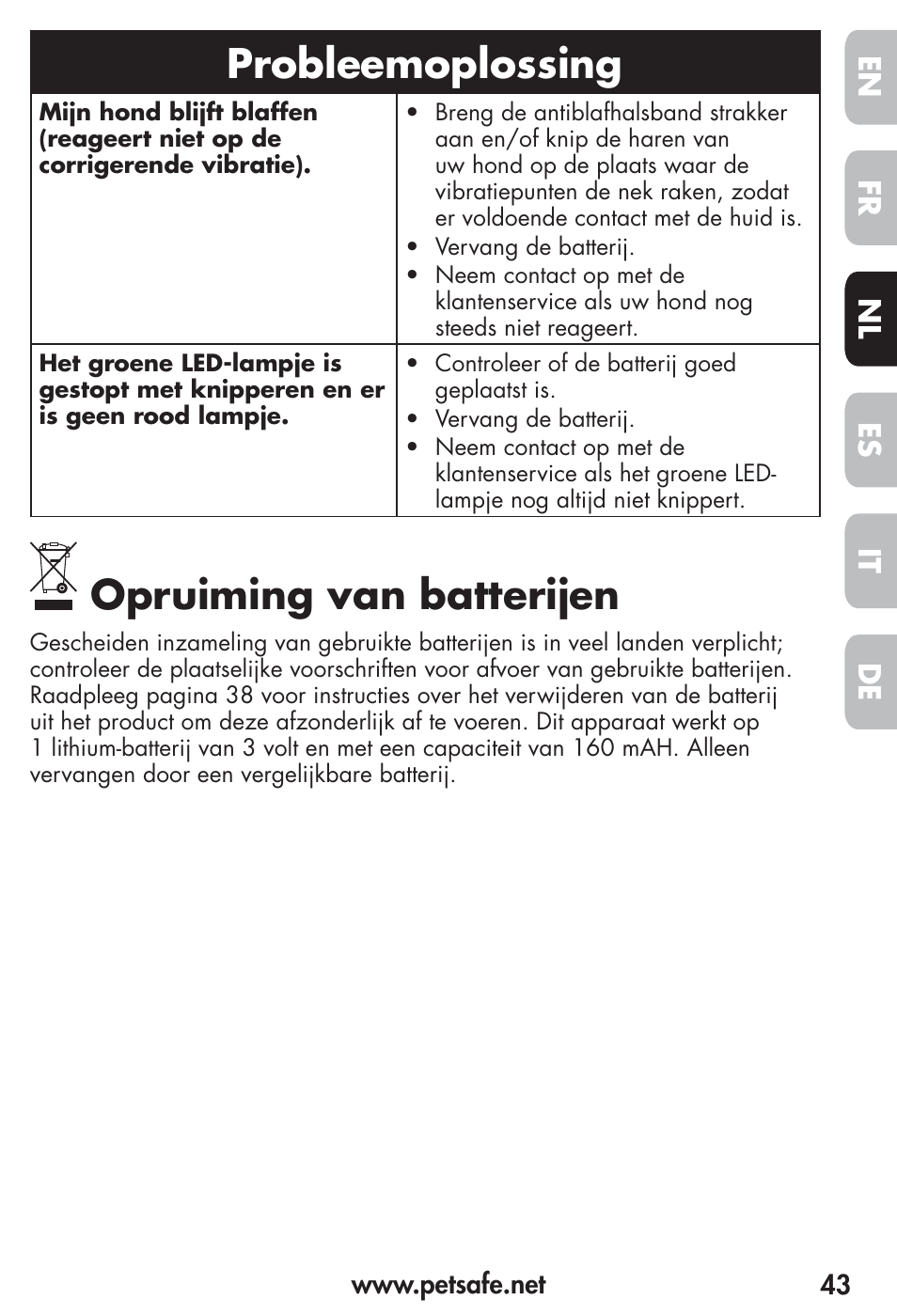 Probleemoplossing, Opruiming van batterijen, Fr es nl it de en | Petsafe Vibration Bark Control Collar User Manual | Page 43 / 90