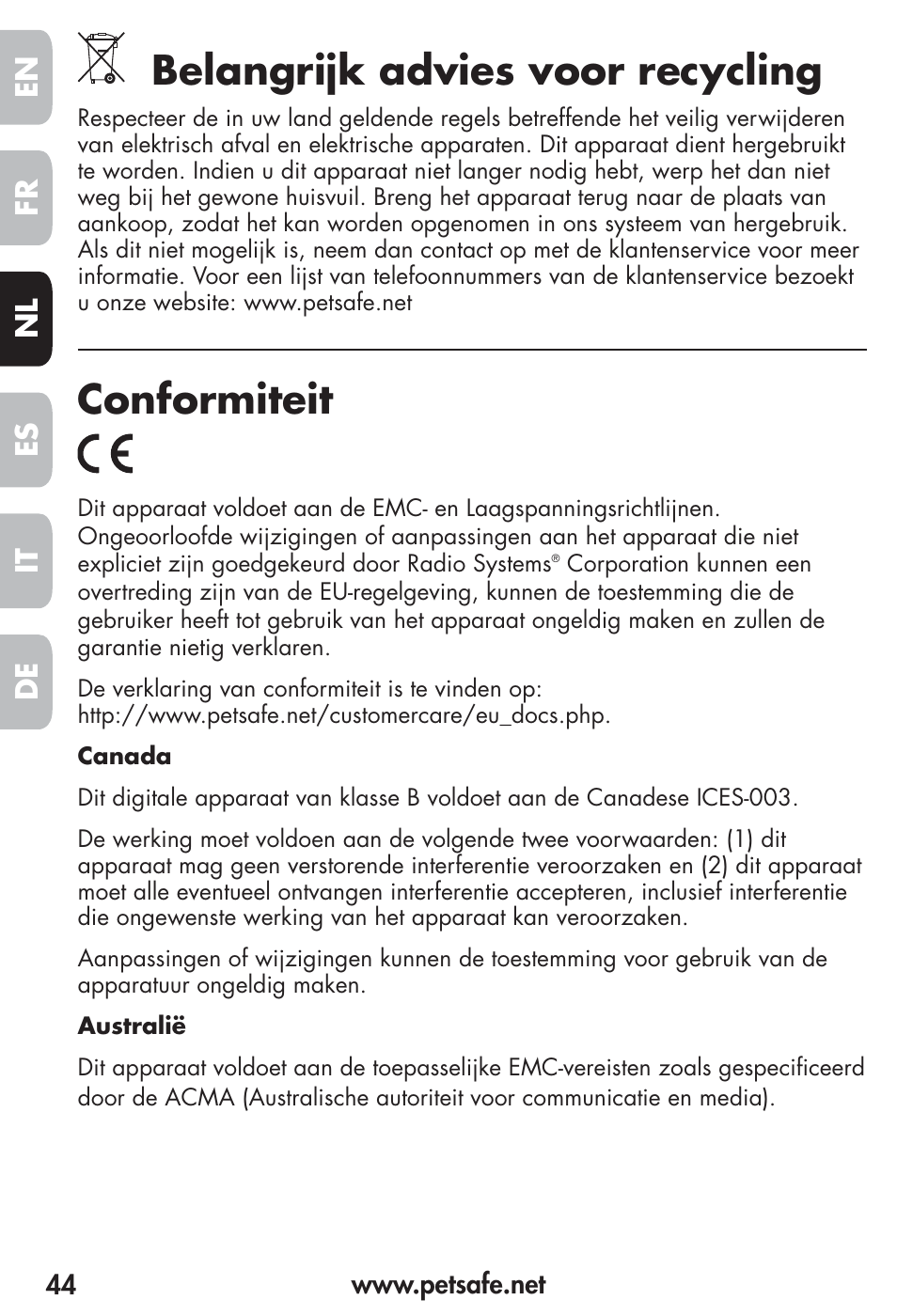 Belangrijk advies voor recycling, Conformiteit, Fr es nl it de en | Petsafe Vibration Bark Control Collar User Manual | Page 44 / 90